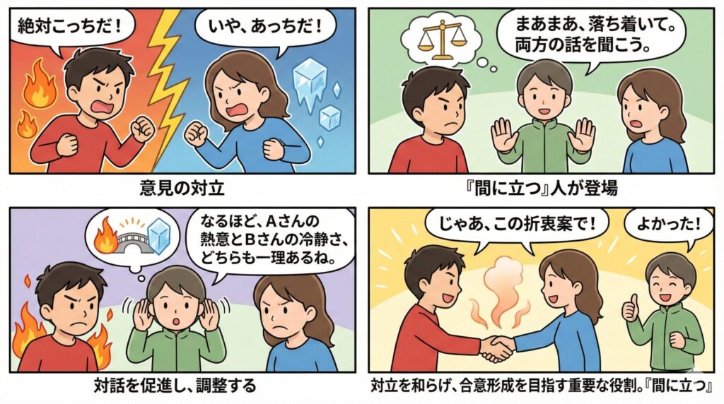 【ことわざ】「間に立つ」の意味は？対義語・類義語・例文・英語表現をまとめてご紹介