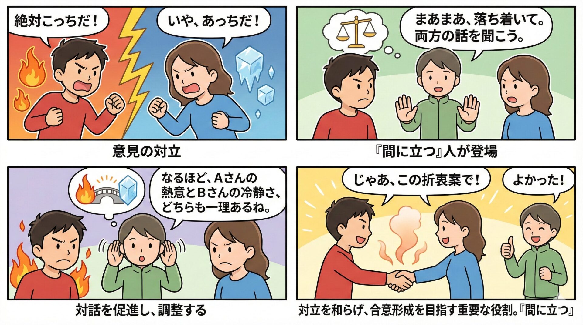 【ことわざ】「間に立つ」の意味は?対義語・類義語・例文・英語表現をまとめてご紹介