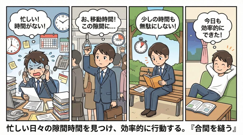【ことわざ】「合間を縫う」の意味は？対義語・類義語・例文・英語表現をまとめてご紹介
