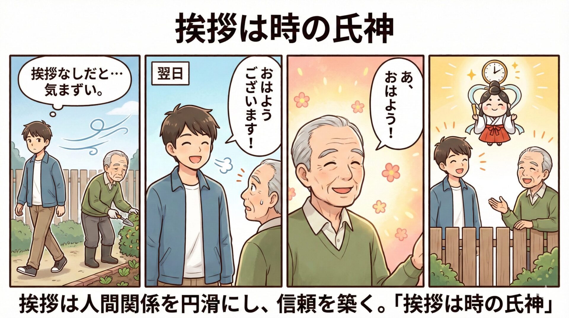 【ことわざ】「挨拶は時の氏神」の意味は？対義語・類義語・例文・英語表現をまとめてご紹介