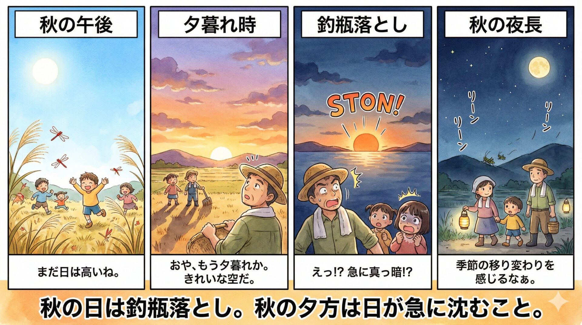 【ことわざ】「秋の日は釣瓶落とし」の意味は?対義語・類義語・例文・英語表現をまとめてご紹介