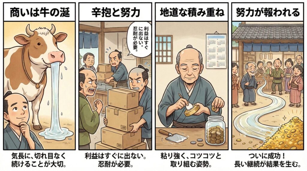 【ことわざ】「商いは牛の涎」の意味は？対義語・類義語・例文・英語表現をまとめてご紹介