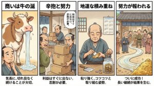 【ことわざ】「商いは牛の涎」の意味は？対義語・類義語・例文・英語表現をまとめてご紹介