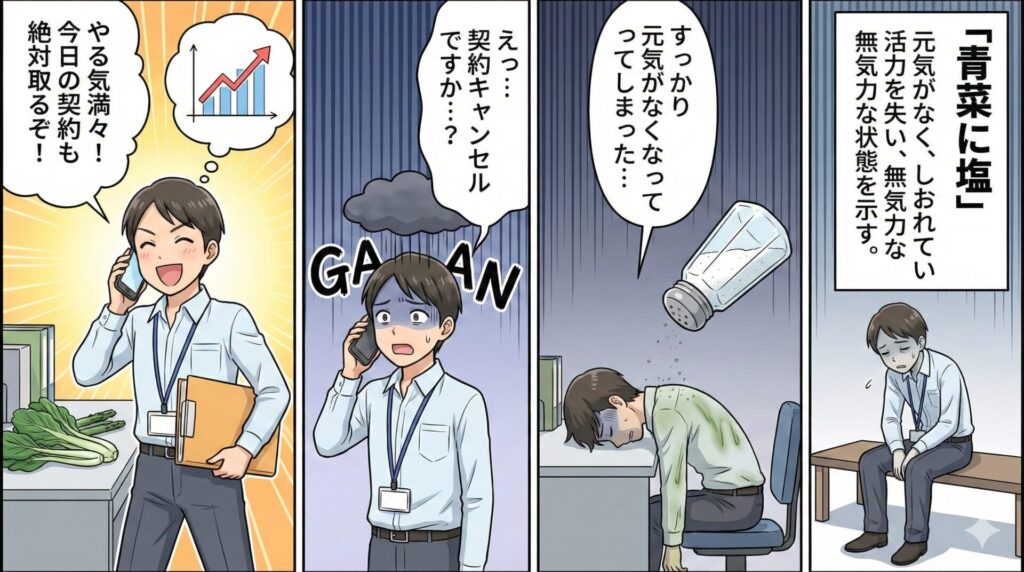 【ことわざ】「青菜に塩」の意味は？対義語・類義語・例文・英語表現をまとめてご紹介